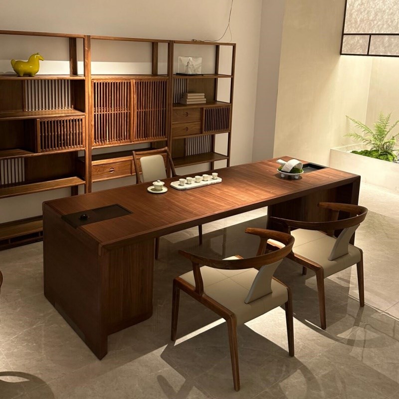 新中式北美黑胡桃木n茶桌家用茶空间禅意功夫茶台实木泡茶桌椅组