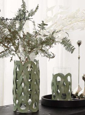 现代编织Lame轻奢mo餐厅c桌面装饰花皮质纹器客厅家用oDe玻璃花瓶