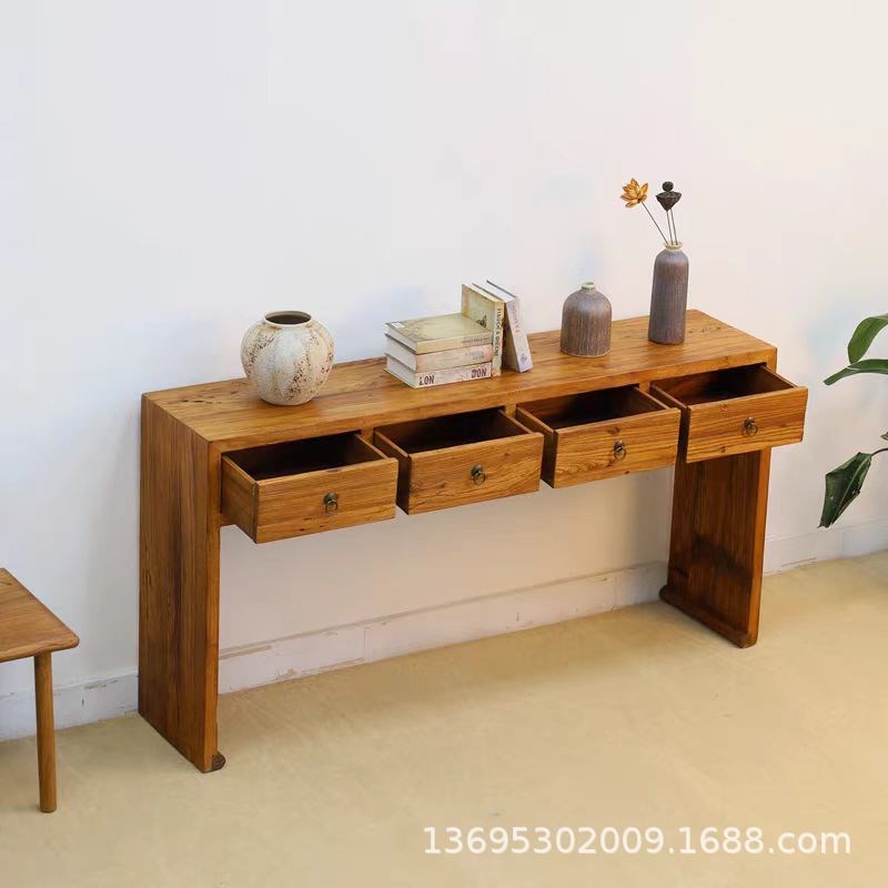 定制老榆木玄h关桌实木长条几简约靠墙窄边桌带抽屉案台
