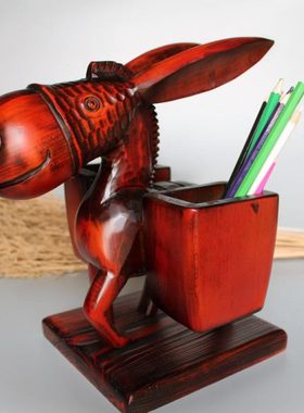 木制小毛驴笔筒手工动物日进斗金招财客厅桌面饰品酒柜装饰品摆件