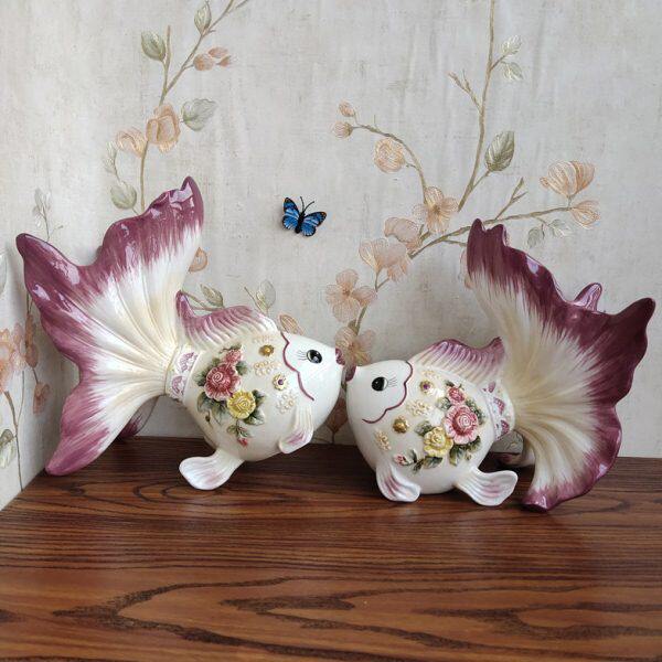 纯手工鱼娃娃摆件情侣新房礼物玄关摆件工艺品欧式家居装饰品陶瓷