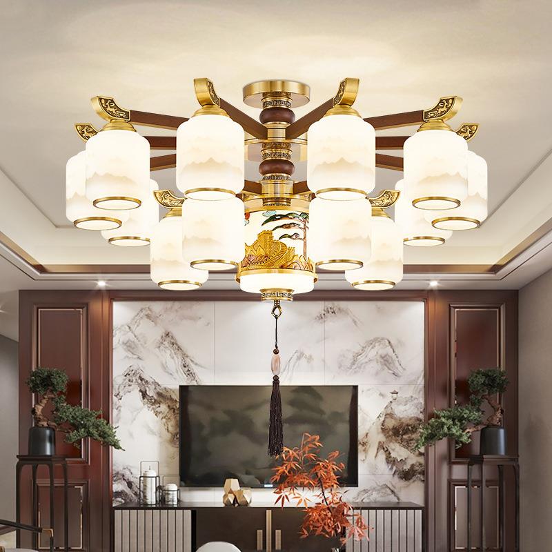 新中式客厅吊灯高端大气中国风别墅客厅吊灯全铜实木餐厅卧室灯具