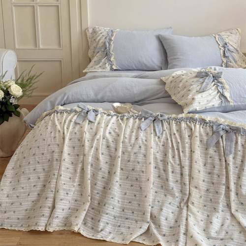 少女心蝴蝶结全棉亲肤床品公主风超柔纯棉皱皱纱四件套家纺