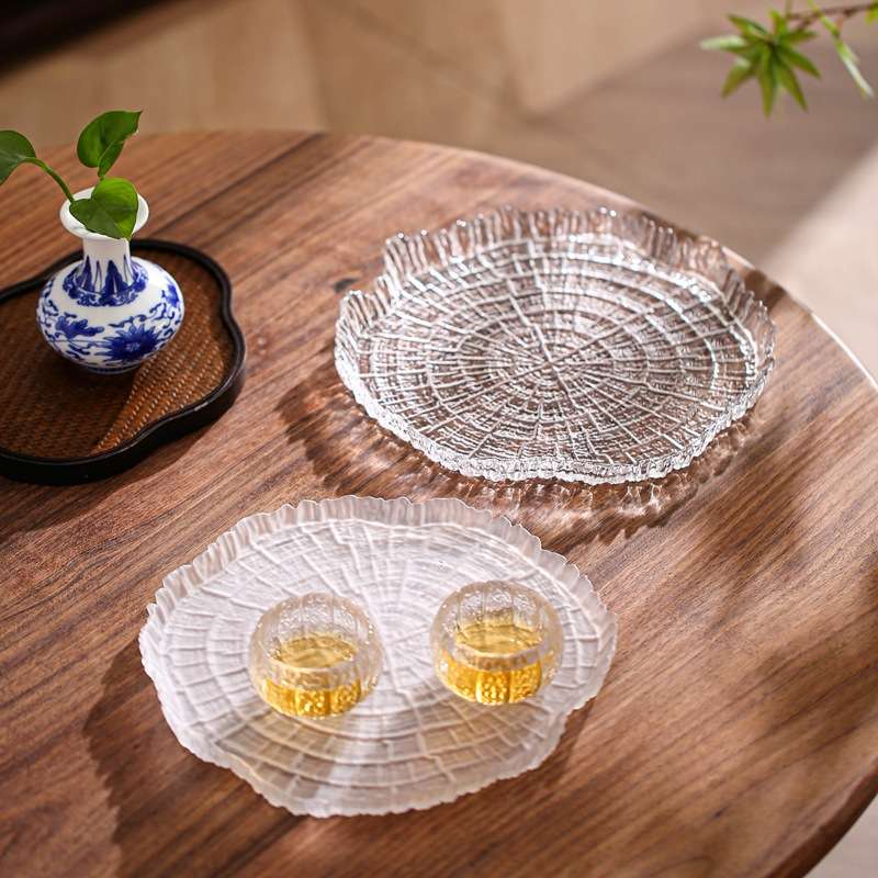 玻璃茶盘轻奢现代家用古榕年轮茶杯托盘简约玻璃平盘高级沙拉盘