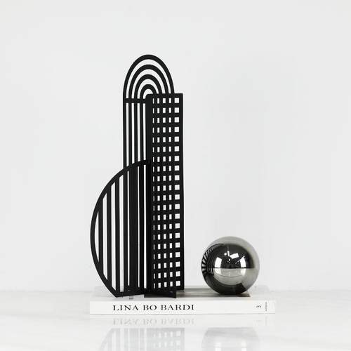 简约现代黑色金属网格屏风镂空几何摆件 样板间书房桌面软装饰品