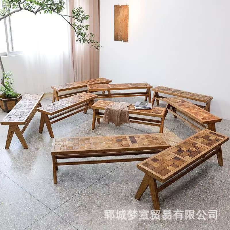 老榆木长条凳棋盘格拼花板凳民宿实木床尾凳简约餐厅餐桌凳长条凳