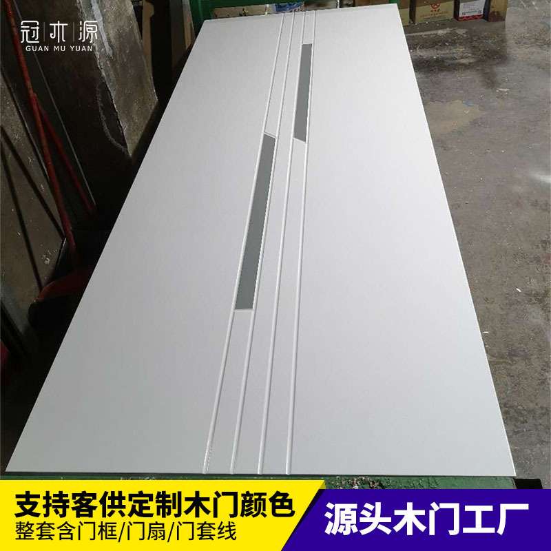 冠木源卧室门 轻奢灰白色纯实木窄边平雕烤漆别墅室内卧室门 隔音