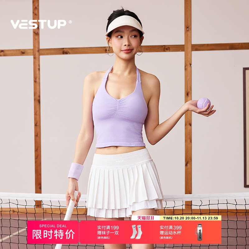 VEST UP网球半身裙女运动健身云朵双层百褶裙高腰显瘦遮肉短裙