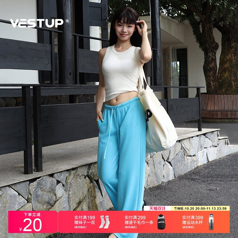 VEST UP韩版时尚休闲复古裤子女显瘦抽绳百搭垂感直筒运动长裤