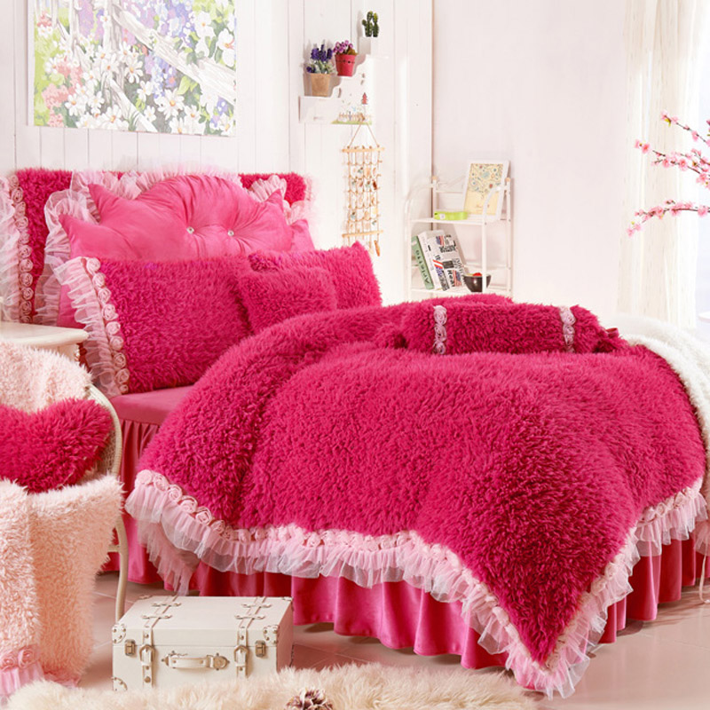 韩式公主山羊绒四件套天鹅绒 加厚水晶绒长毛羊羔绒Y床裙4件套