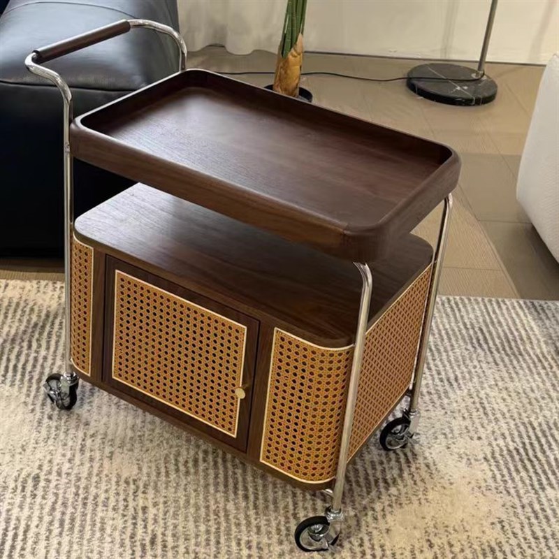 中古风流年收纳小推车o不锈钢整装实木边几客厅藤编置物可移动边