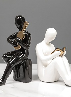 现代黑白简约家居装饰品陶瓷人物书挡摆件书房书V柜装饰书立雕像