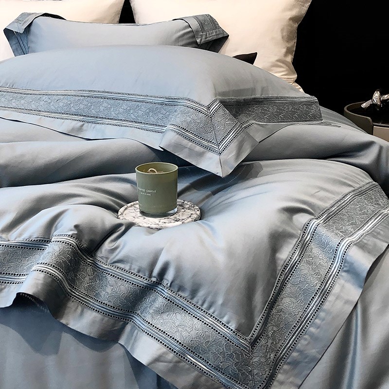 高级轻奢风100S长绒棉四件套打孔镂空宽边N纯色全棉被套床上用品