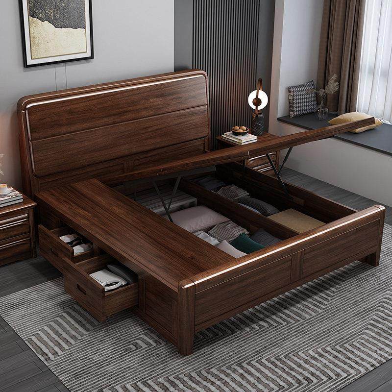 江西赣州南康胡桃木实木床工厂直销加厚加粗高箱储物胡桃色硬板床