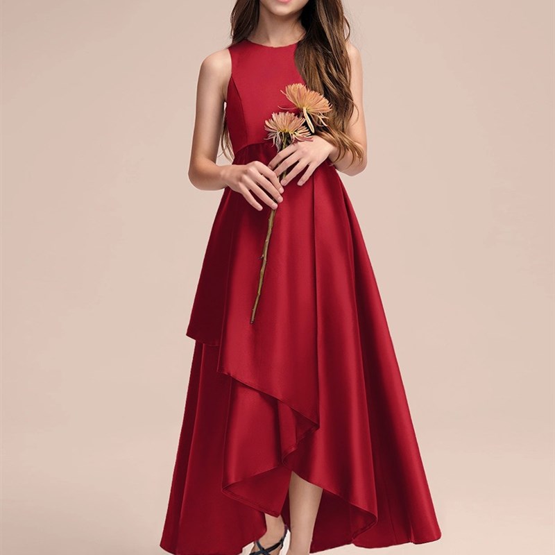 女儿童钢琴考级比赛洋气红色小提C琴演奏礼服裙前短后长缎面公主