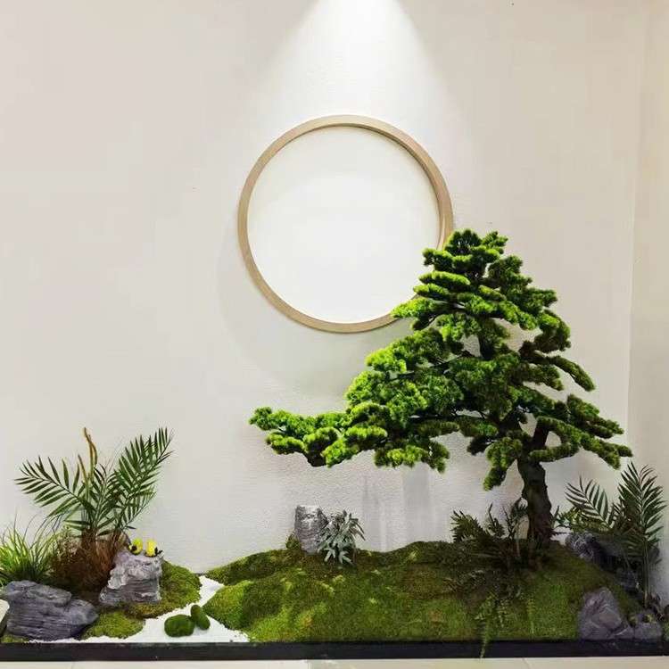 新中式仿真迎客松造景室内仿真绿植枯山水靠墙装饰景观假山石摆件