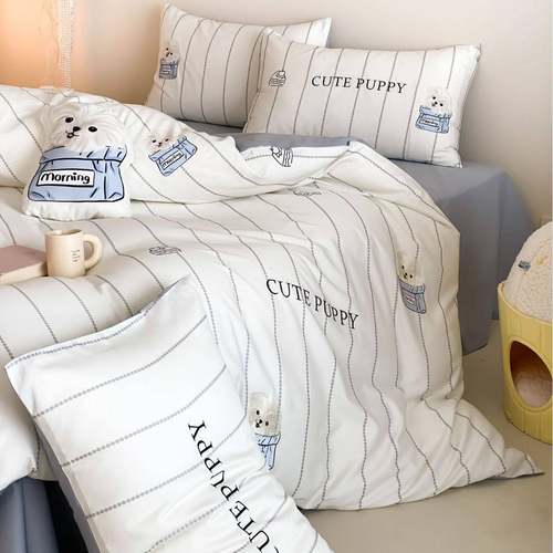 小清新可爱狗狗数码印花全棉陶瓷磨毛四件套秋冬季儿童三件套床品