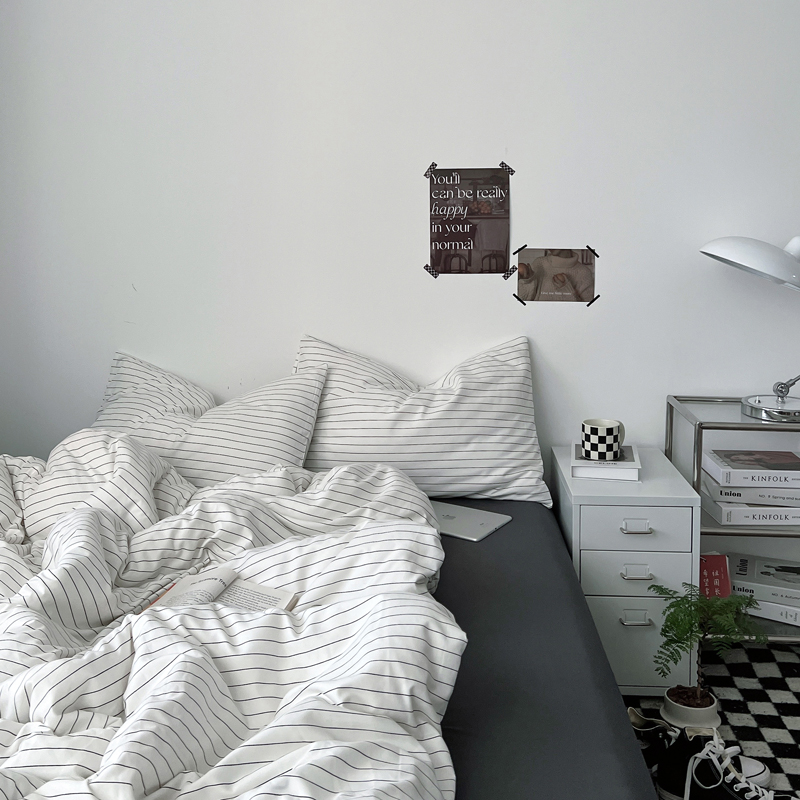 黑黑白条~四件套水洗棉1.8床上用品被罩床单人学T生宿舍三件套床