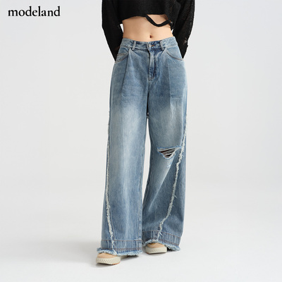 【设计师款】MONO FLAT破洞毛边阔腿小众牛仔裤modeland买手店