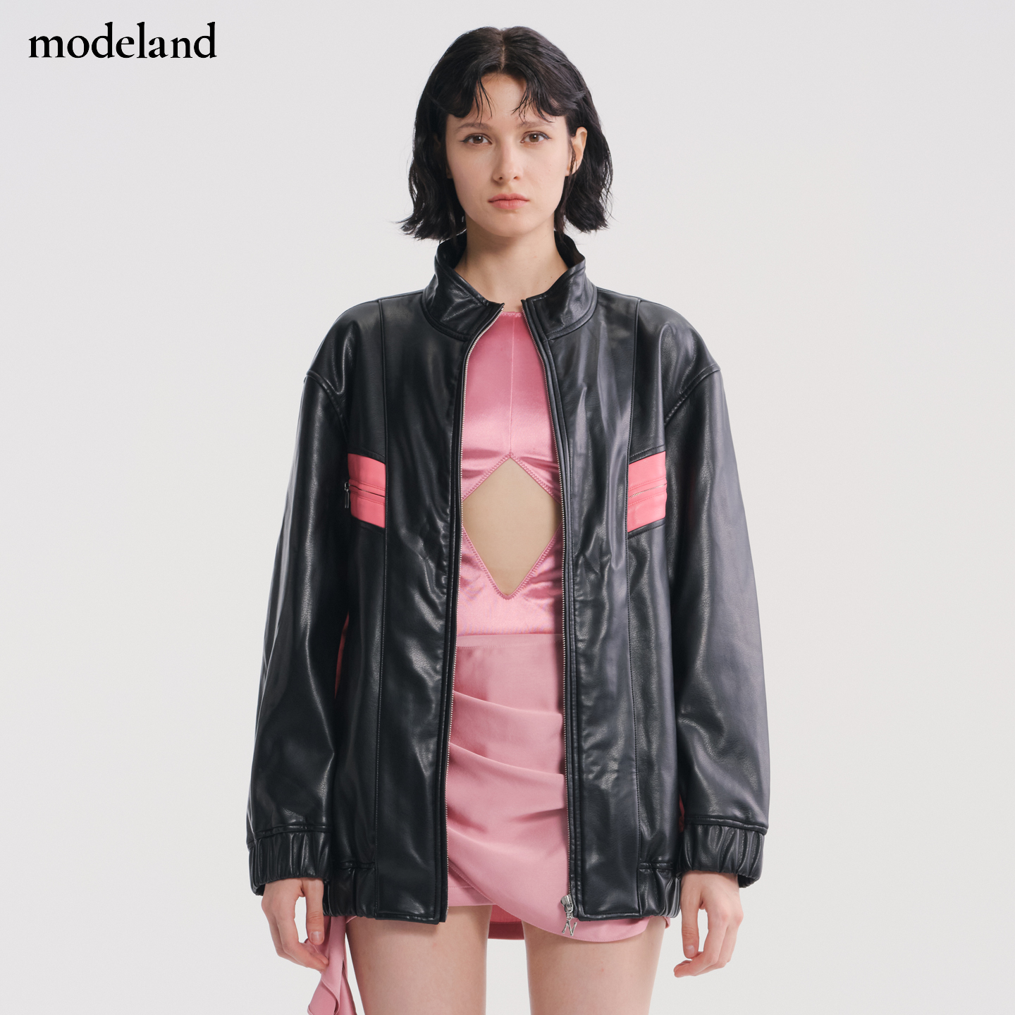 【设计师款】NOPHORA黑粉撞色机车夹克宽松摇滚皮衣外套