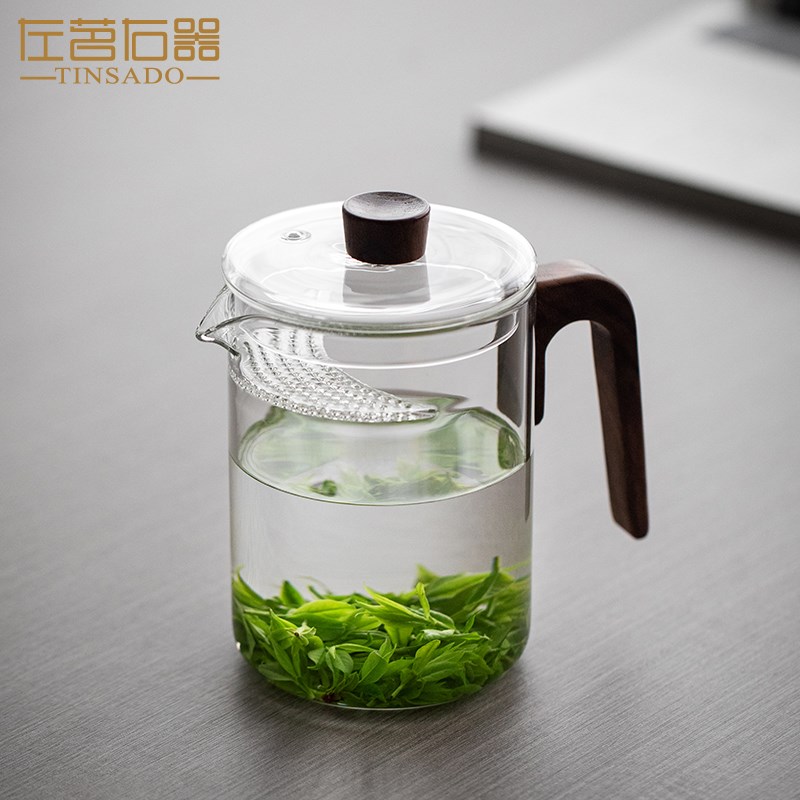 左茗右器加厚木把玻璃p茶壶月牙带茶滤过滤网一体透明公道杯茶具