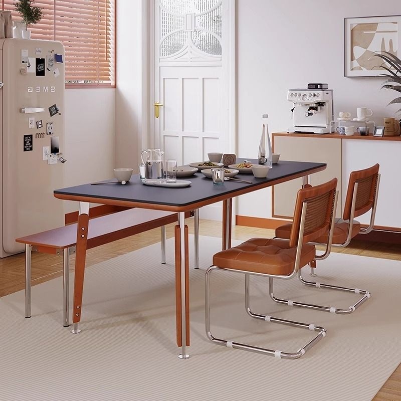 覆古实木岩板餐桌j意式纯白纯黑小户型长桌家用饭桌金属腿中古家