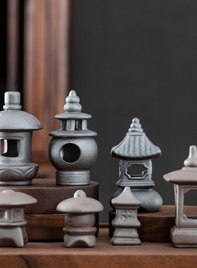 创意紫砂鱼缸造i景庭院小摆件盆景园艺花盆陶瓷假山亭子工艺品装