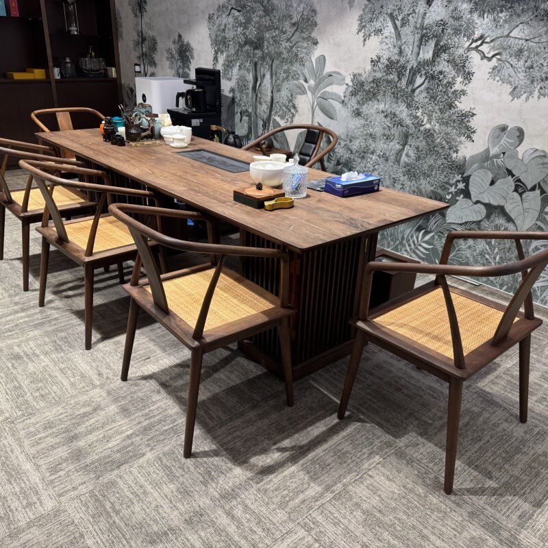 新中式茶桌北美i黑胡桃木茶台简约现代功夫泡茶桌新款高端实木茶