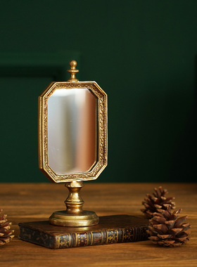 费灵家居欧式复古j手工做旧桌面化妆镜怀旧金色银色梳妆台镜子轻