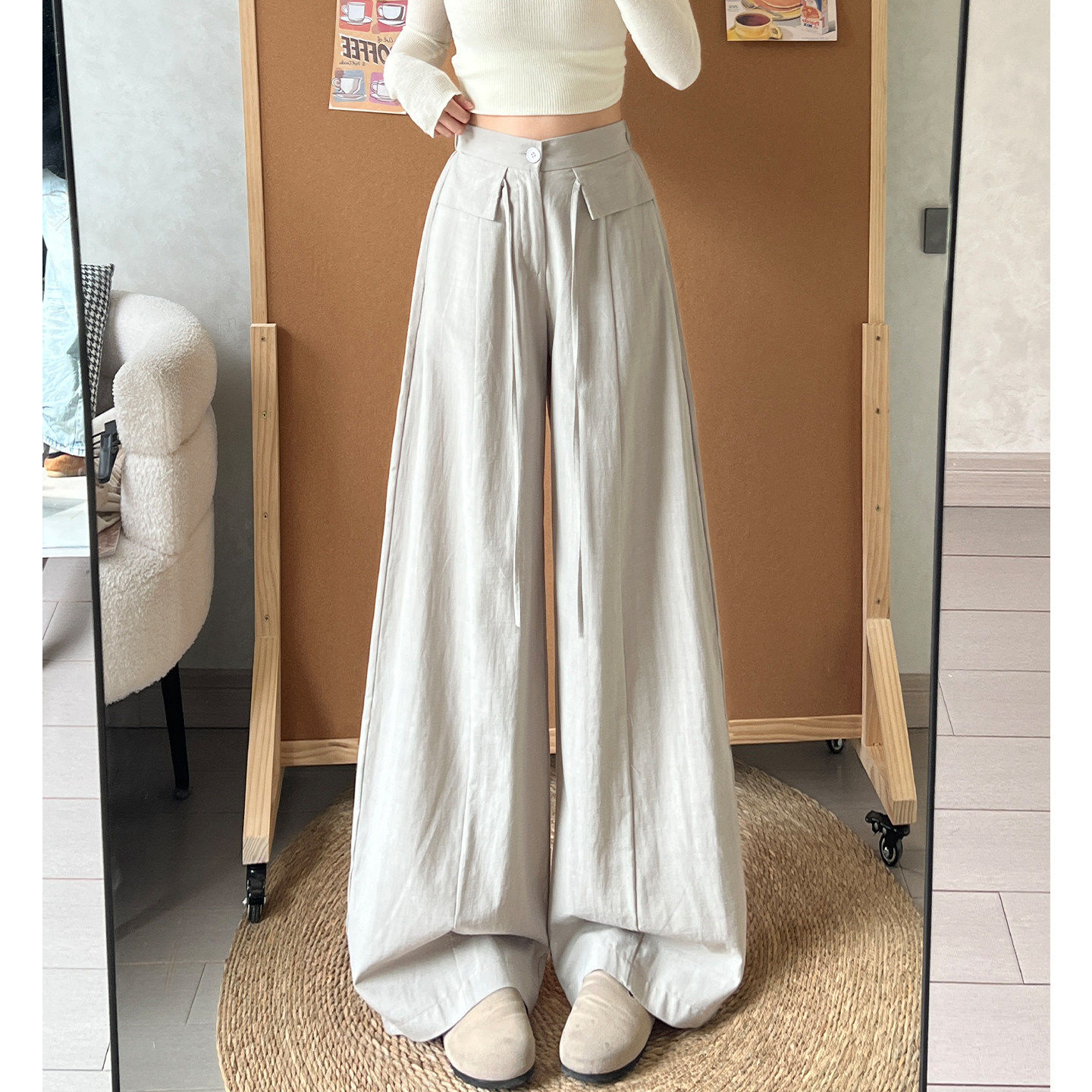 浅灰色天丝亚麻宽裤女夏
