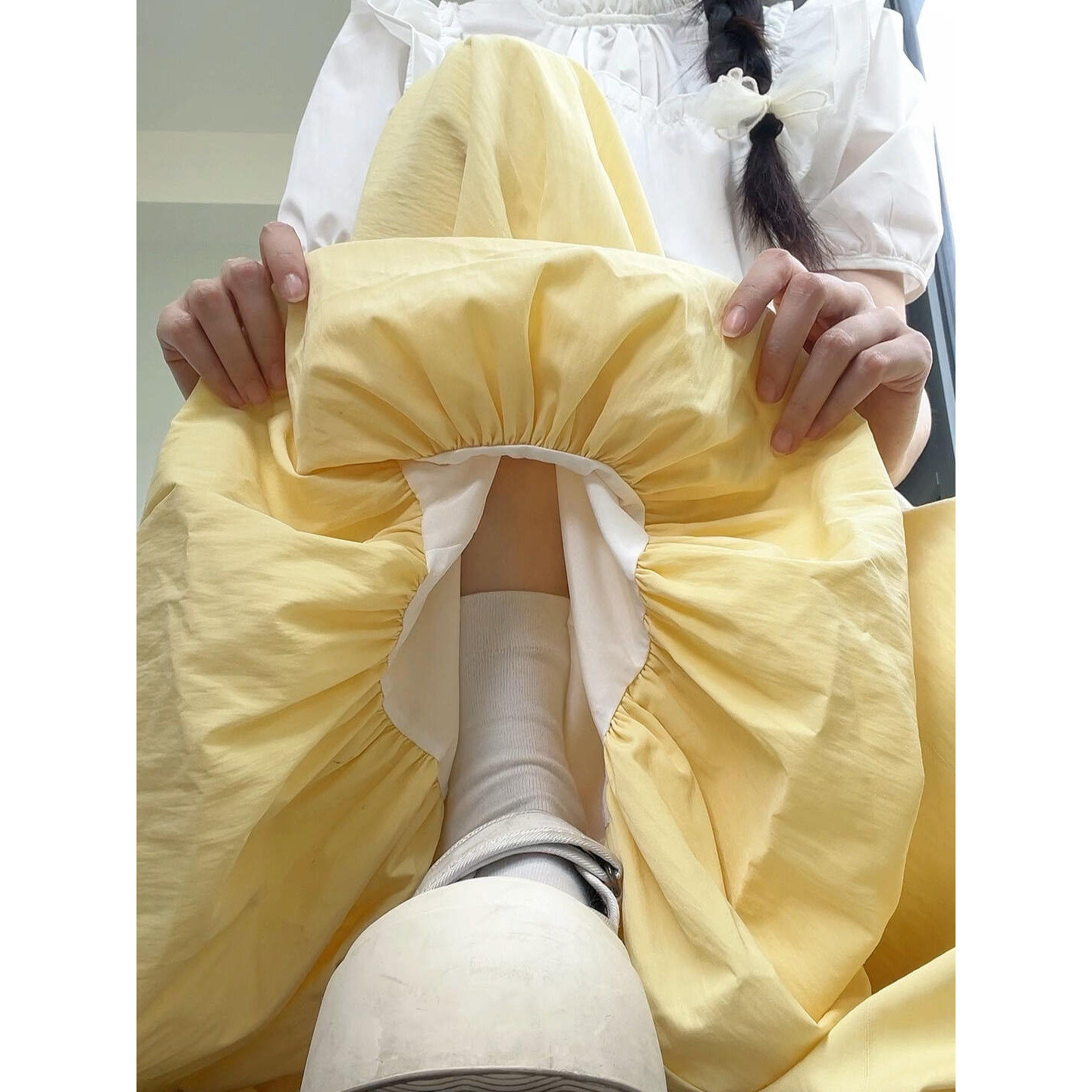 黄色花苞裙裤女夏季新款