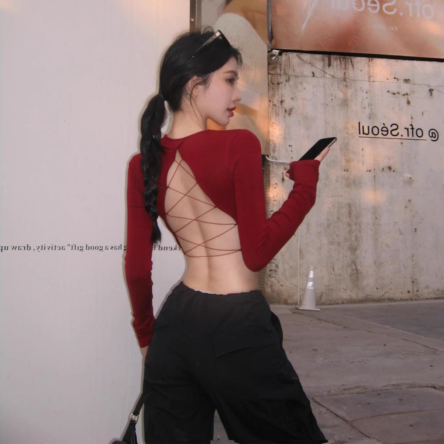 欧美式辣妹镂空露背长袖T