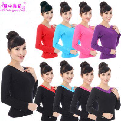 健身操服装长袖大码服装新款上衣 服广场舞舞V领广场跳操蹈春夏款