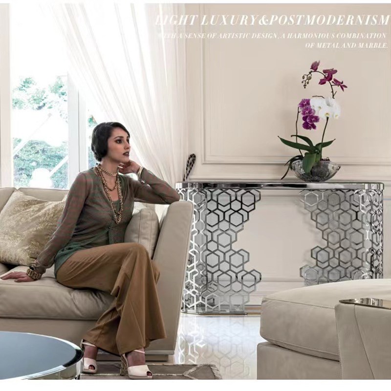 轻奢简约镂空不锈m钢茶几后现代创意椭圆形客厅酒店大理石茶桌