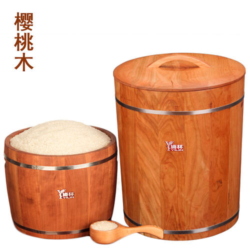樱桃木实木储米箱50斤家用密封米桶10kg装厨房米桶30斤储物木米缸