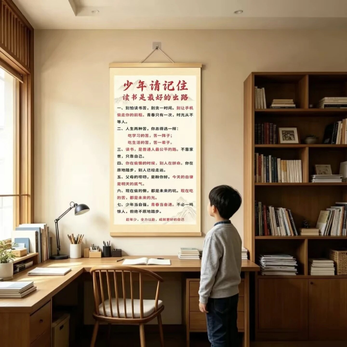 少年请记住读书励志挂画新中式书房玄关家训学生自律装饰卷轴字画