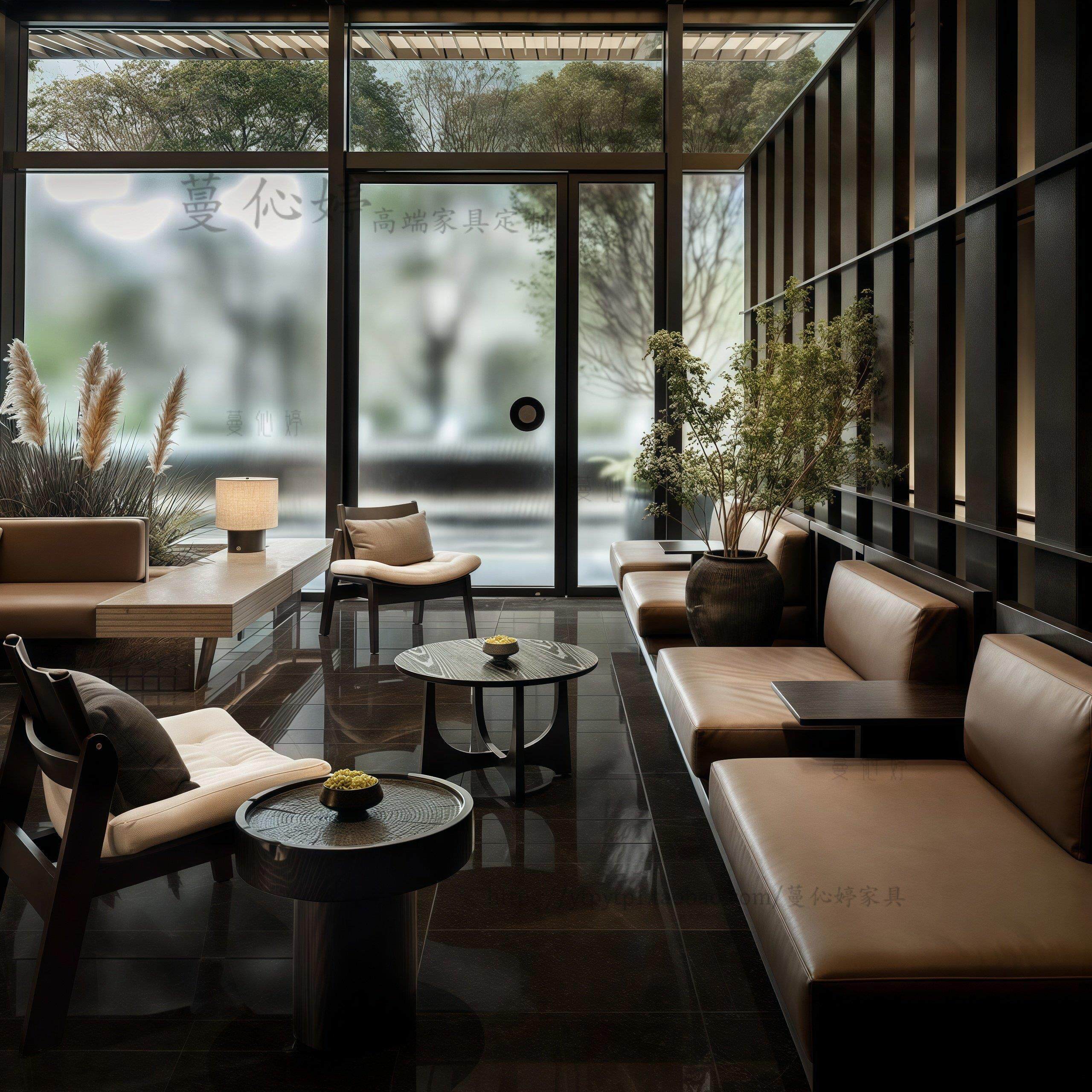 简约中式大堂洽谈沙发售楼处酒店会所大厅实木接待区卡座桌椅组合