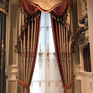 许村欧式豪华卧室遮光仿真丝窗帘绣花窗帘布打孔涤纶含棉窗帘成品