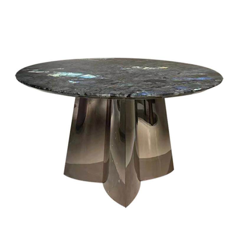 蓝翡翠天然大理石圆形餐桌轻奢微晶石转盘现代家用不锈钢奢石饭桌