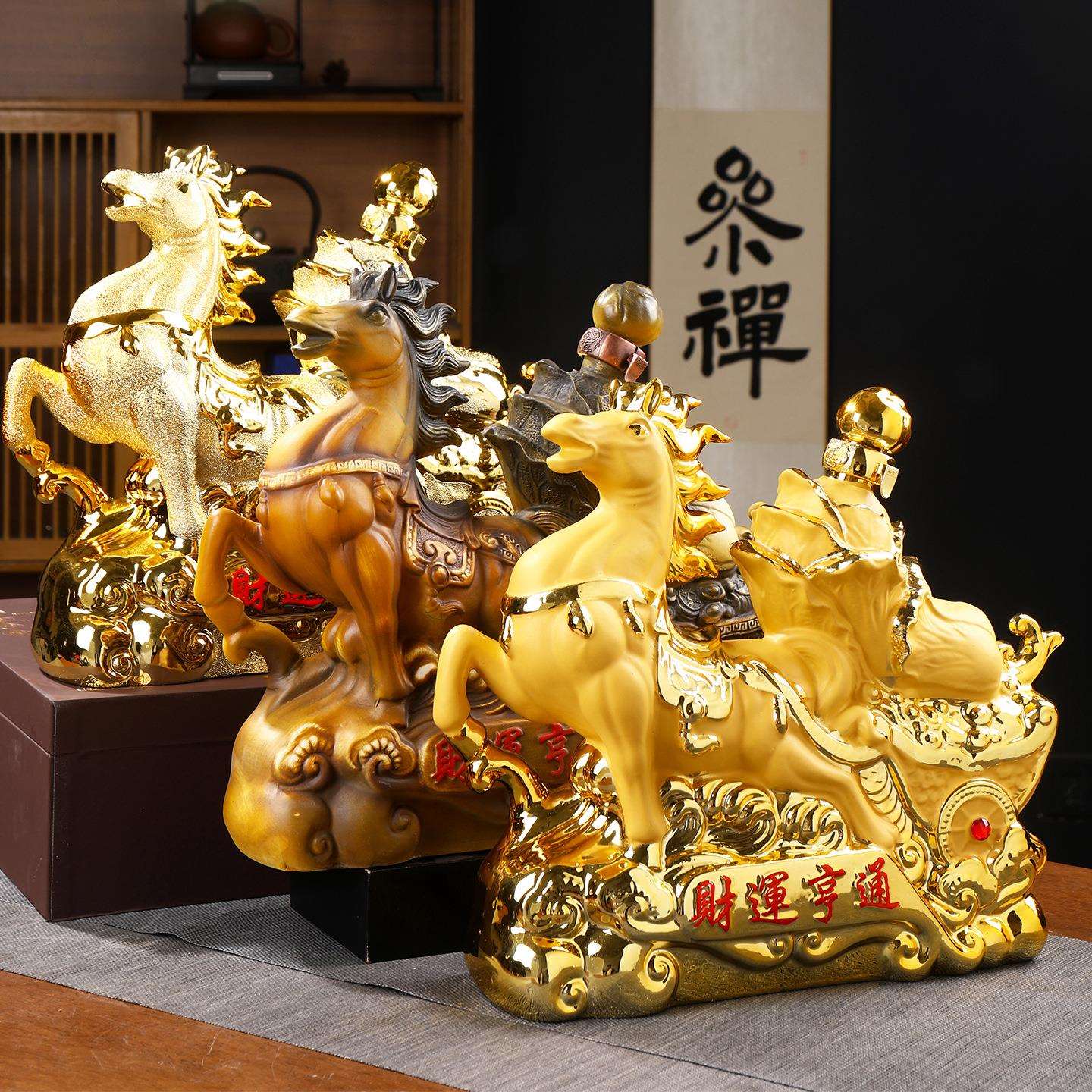 12生肖镀金马陶瓷酒瓶五斤装景德镇磨砂金马上发财密封5斤空酒坛