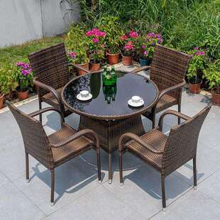 WTY户外桌椅庭院露天阳台室外花园露台铁艺藤编休闲区桌椅五件套