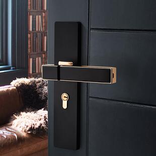 帕戈黑色锌合金办公室内卧室房美式简约门把手木门锁静音大50锁体