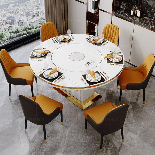 轻奢多功能带电磁炉暖菜转盘岩板餐桌椅组合现代简约家用可变圆形
