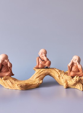 古风小摆件迷你三个沙弥小和尚y禅意复古树脂装饰品客厅国风佛底