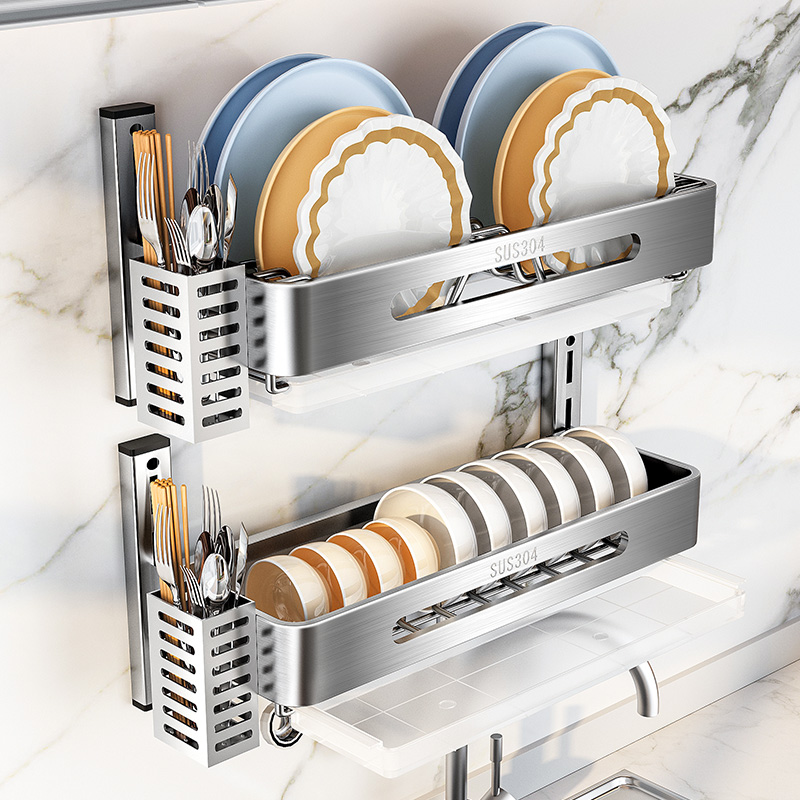 304不锈钢沥i水碗架壁挂式家用厨房免打孔碗碟收纳架放碗盘置物架