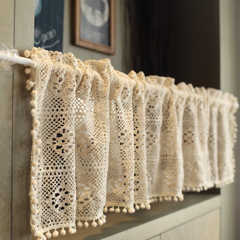 钩针棉线美式穿杆柜门帘纯色半帘帘头短帘免打孔帘窗帘
