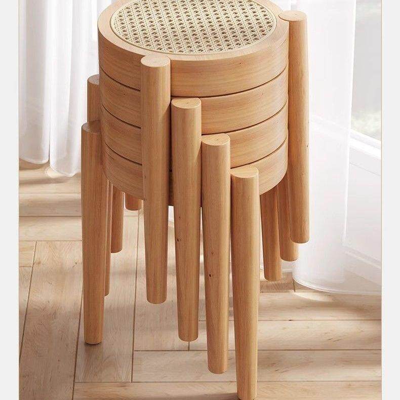 藤编家用叠放餐桌凳子实木三腿椅子餐椅北欧编藤圆凳