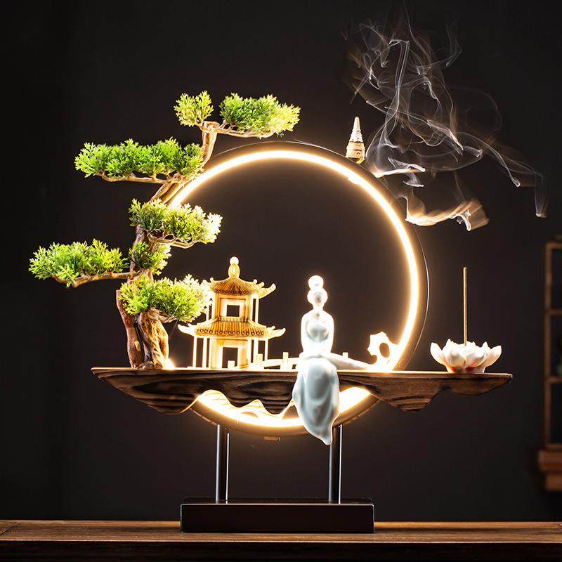 新中式禅意摆件家居客厅玄关办公室桌面创意灯圈夜灯软装饰品摆设