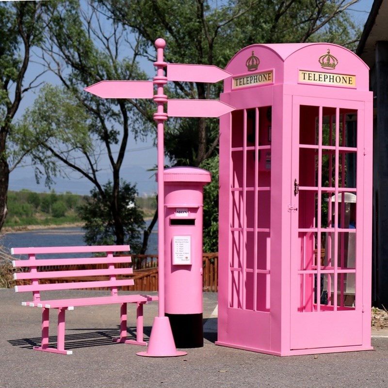网红店电话亭摄影道具复古铁艺B大型户外装饰摆件工艺品邮筒书亭
