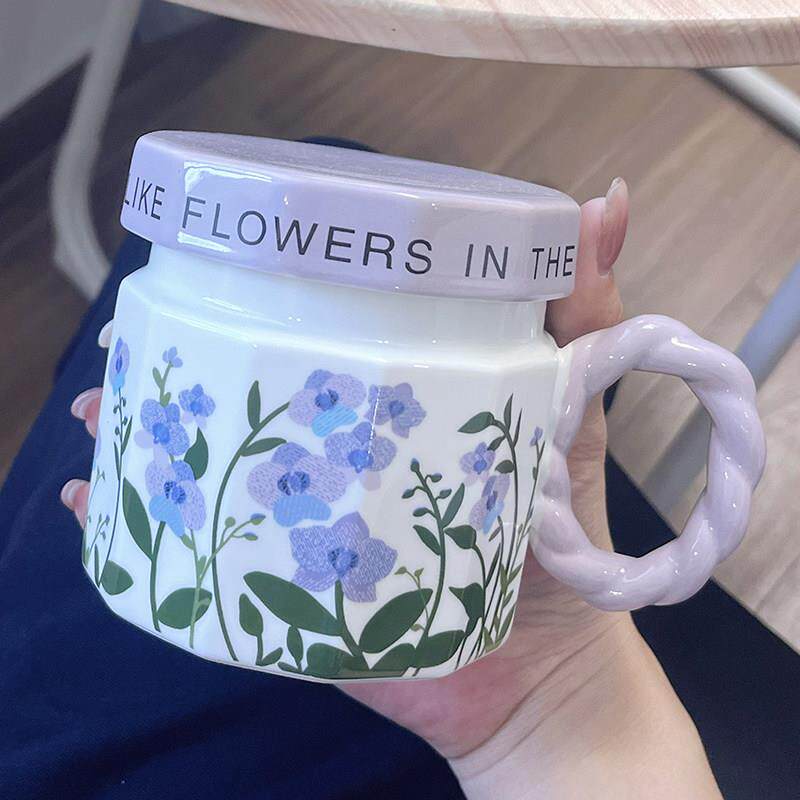景德镇紫色花朵杯子马克杯带盖陶瓷水杯2025新款高颜值生日礼物送